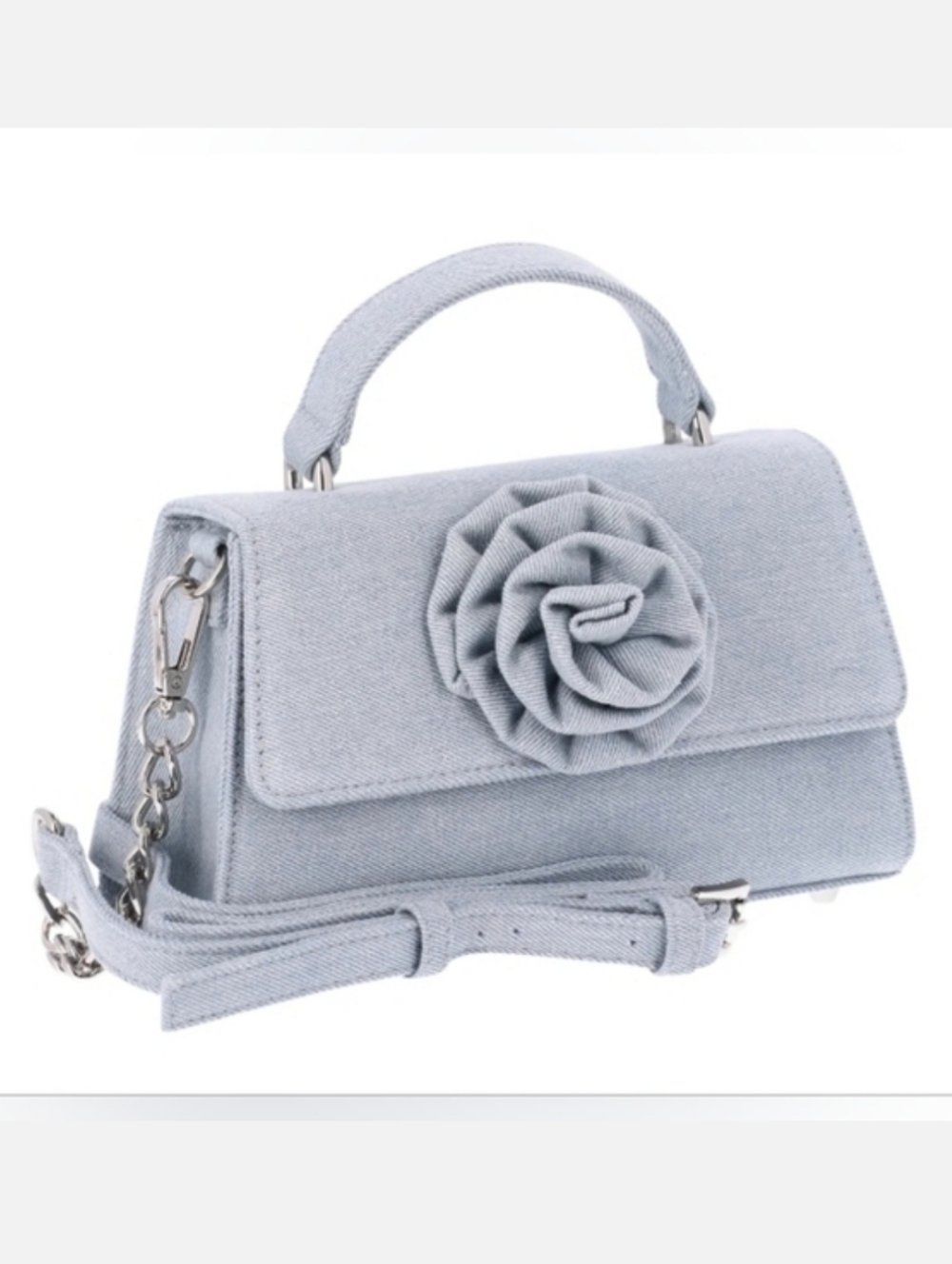 Madden NYC Light Wash Denim Handle + Crossbody 1/2 Chain Strap Bag W/Flower (OS)